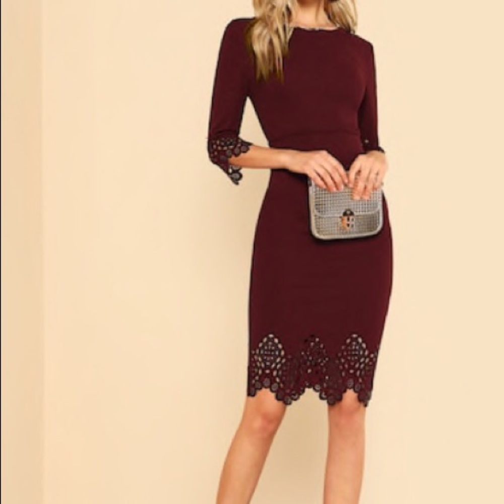 Burgundy Laser-cut Pencil Dress